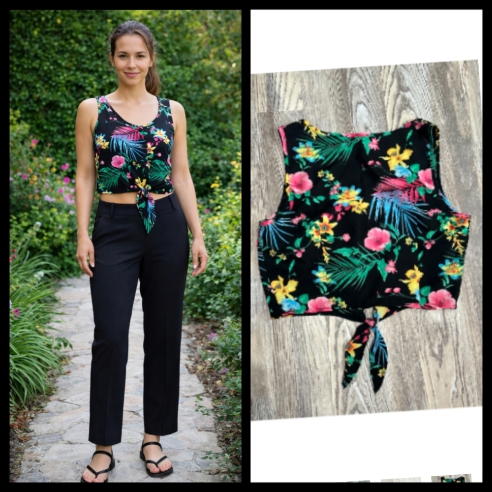 🌟 Forever 21 ●Black Tropical floral cropped button Front tank top●